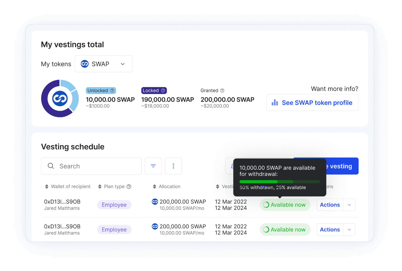 Token Vesting Tool and Schedule Details