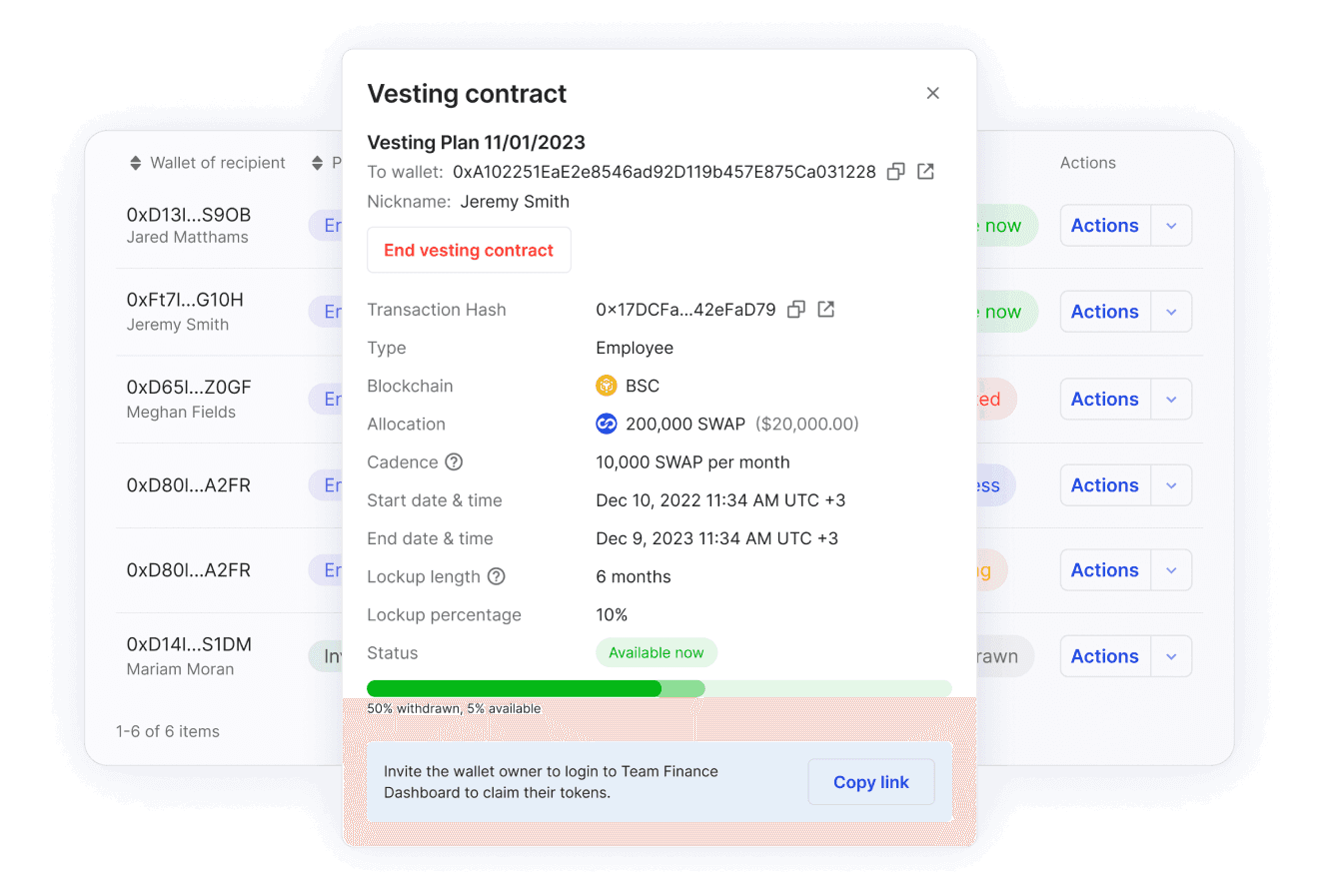 Crypto Vesting Service with Contract Information